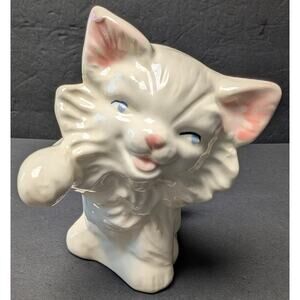 Vtg Chalkware White Kitten Cat Ceramic Hand Painted Pastel Table Decor 50s Cute